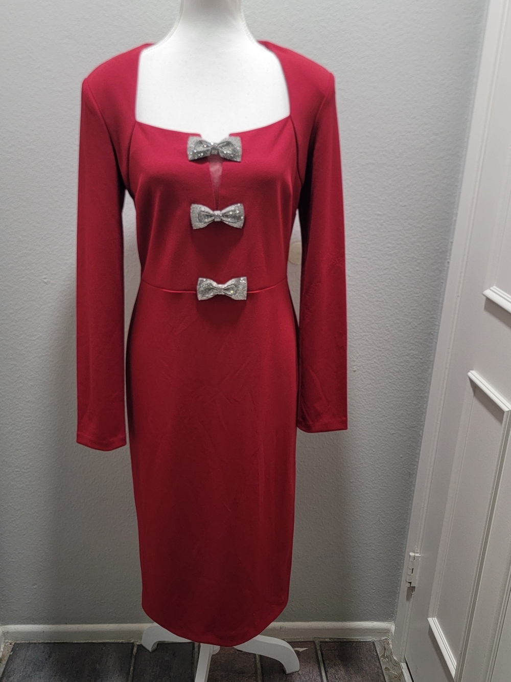 Joseph Ribkoff Red Long-Sleeve Sheath Dress with Silver Bow Details